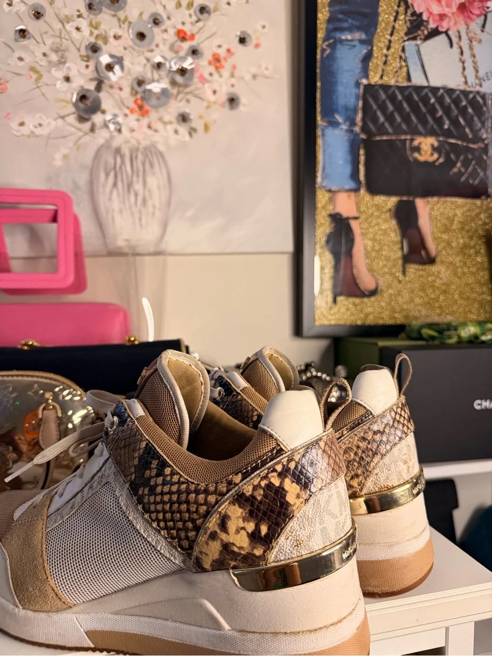 Michael Kors Beige and Snake-Print Platform Sneakers